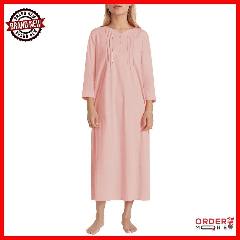 Soft Cotton Nightgown with Pockets, 3/4 Sleeve, Mid-Calf Length